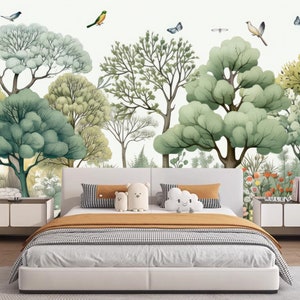 Cartoon Forest Wallpaper Mural: Green Trees, Birds, Nursery Decor