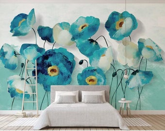 Abstract Watercolor Blue Poppy Flowers Floral Wallpaper Wall Mural, Abstract Poppy Bedroom Living Room Wall Mural Wall Decor