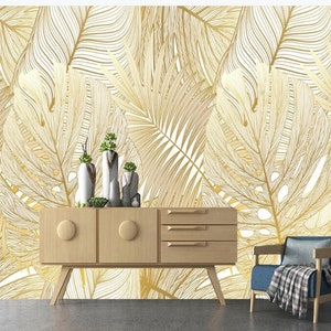 Watercolor Gold Leaf Tropical Mural: Rain Forest Plant Wall Decor