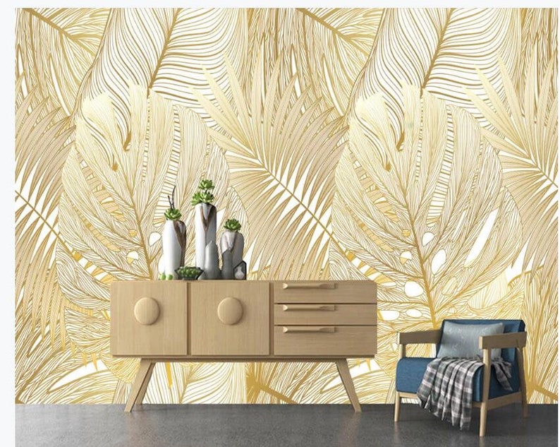 Watercolor Tropical Rain Forest Gold Leaves Wall Mural Hand Etsy