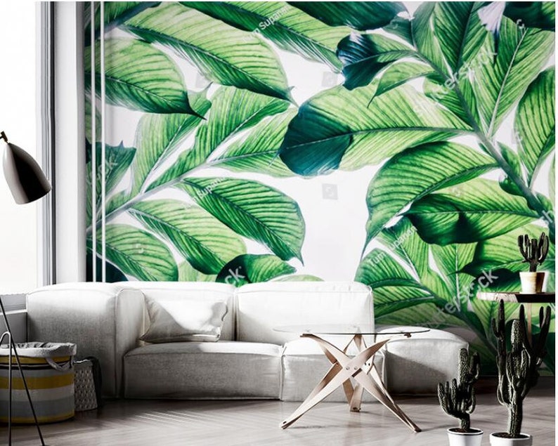 Handpainted Banana Leaves Wallpaper Wall Mural Dark Green - Etsy