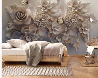 3D Wallpaper European Aesthetic Three-dimensional Relief 3D Flower Butterfly Living Room Sofa Background Wallpaper Wall Mural