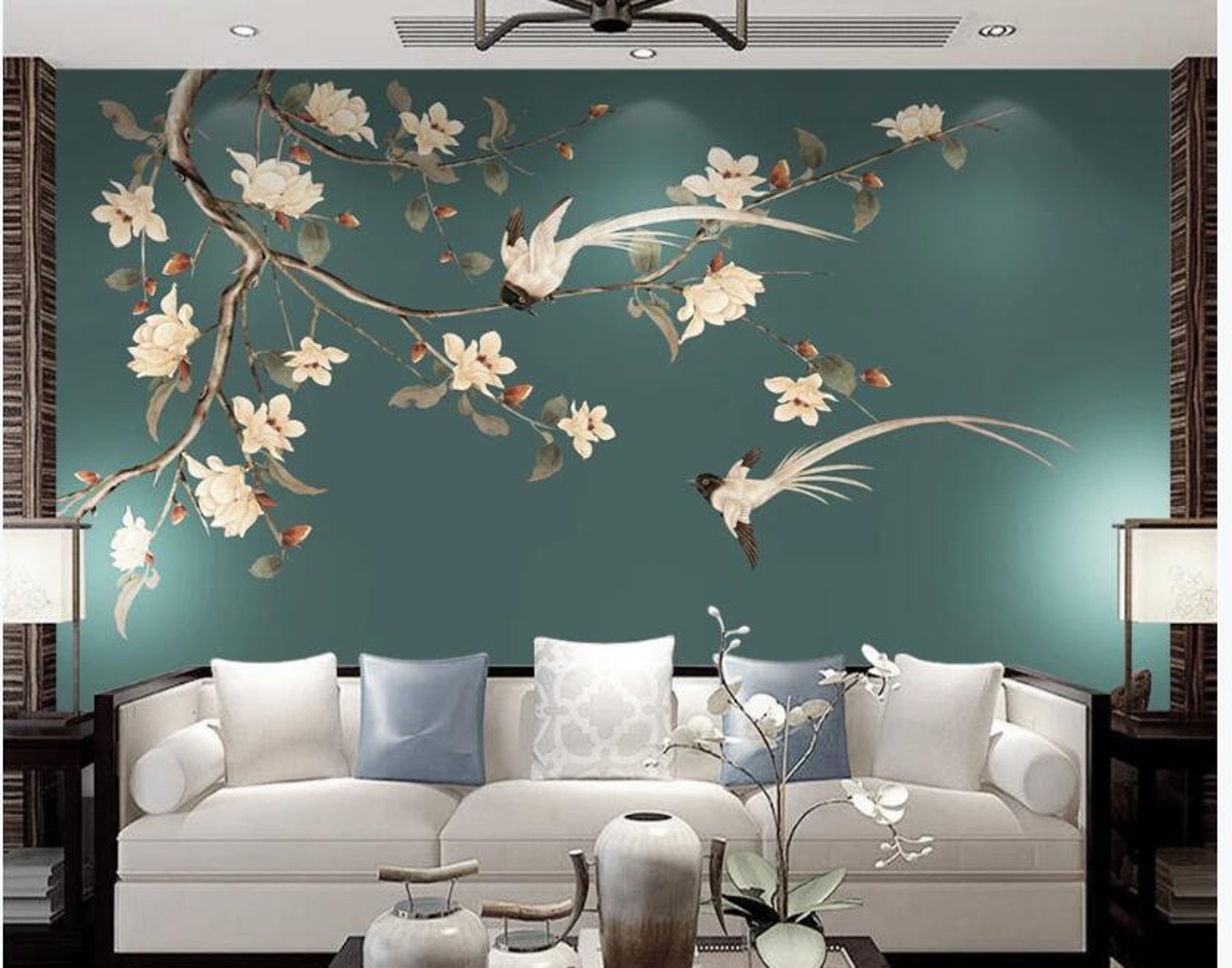 Chinoiserie Hanging Magnolia Wallpaper Handpainted Vivid Etsy