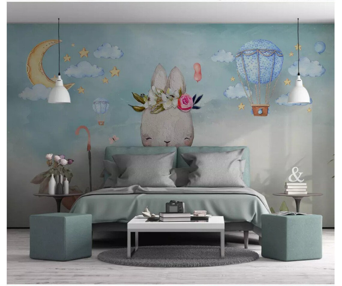 Nordic Minimalist Nursery Wallpaper Bunny Balloon Robbits | Etsy