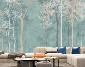 Mint Green Background Abstract Birch Tree Forest Wallpaper Wall Mural Home Decor for Living Room Bedroom or Dinning Room