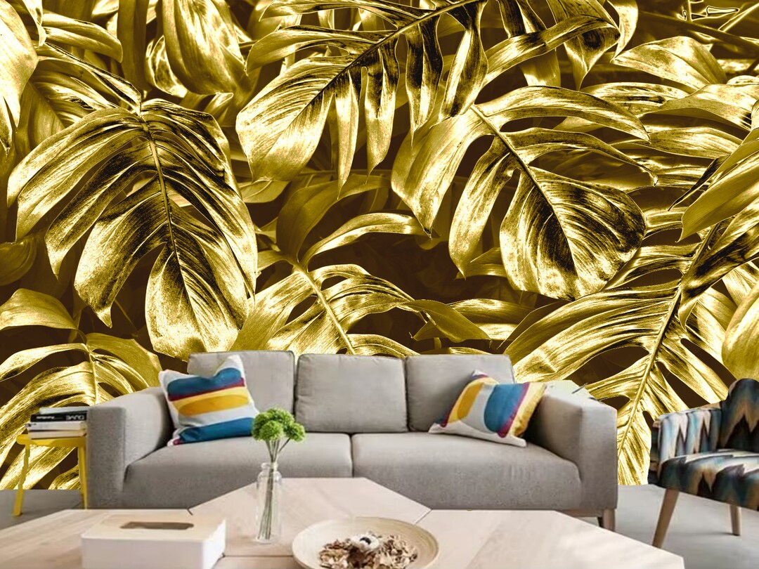 Gold Banana Leaf Wallpaper Mural: Dark Tropical Plant Wall Decor - Etsy