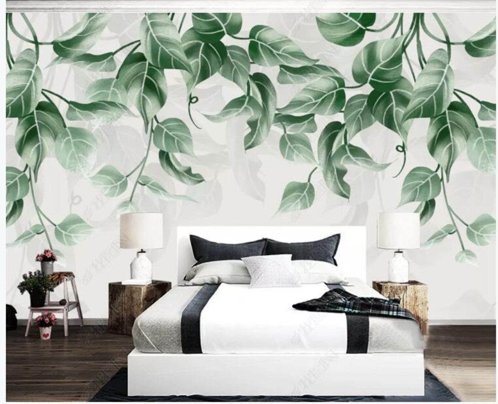 Hanging Several Green Leaves Wallpaper Wall Mural Spring Etsy
