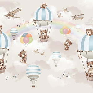 Cartoon Bear Hot Air Balloon Wallpaper Mural: Nursery Wall Decor
