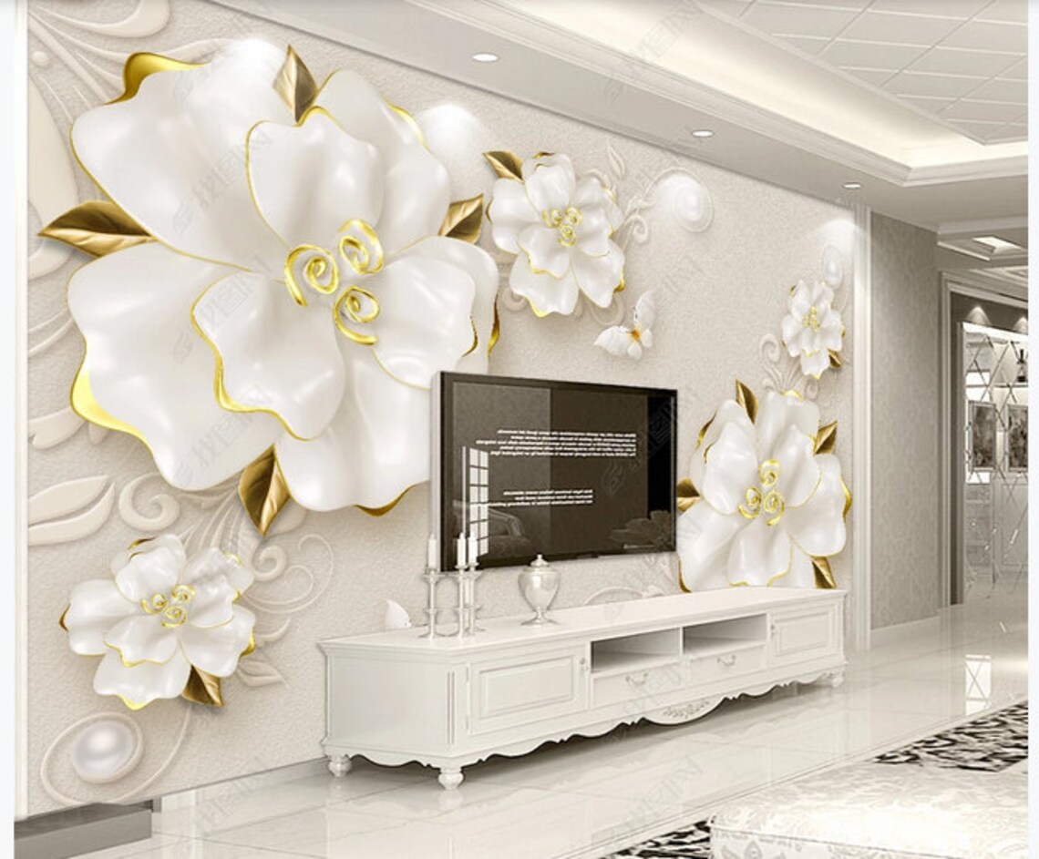 3D White Flower Wallpaper Luxury Jewelry Swan Wall Murals | Etsy