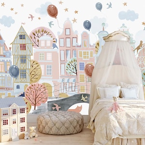 Cartoon Gebäude Stadt Baum Kinderzimmer Kinder Babys Kinderzimmer Tapete Wandbild Wanddekor