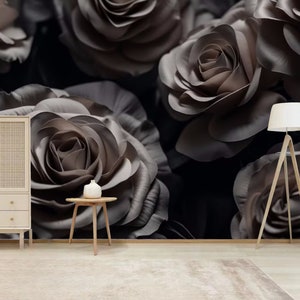Beige Roses Wallpaper Mural: Dark Romantic Floral Wall Decor