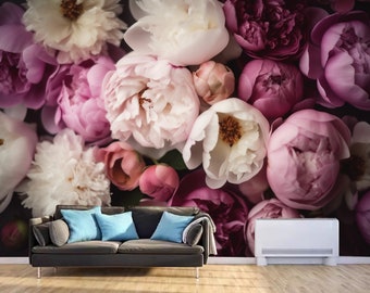 Peony Floral Wallpaper Mural: Dark Background, Pink & White Flowers