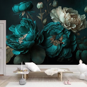 Peony Floral Wallpaper Mural: Dark Green Home Decor