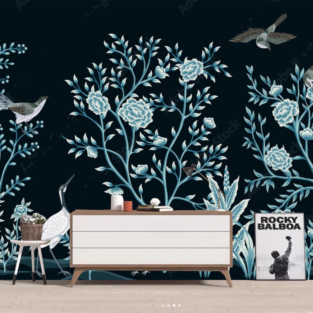 Chinoiserie Dark Background Blue Peony Flower Vine With Birds Floral ...