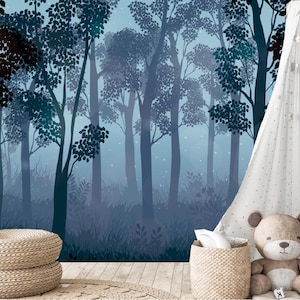Aquarelle arbres forêt la nuit herbe et plantes pépinière enfants chambre d'enfants papier peint Mural décor à la maison