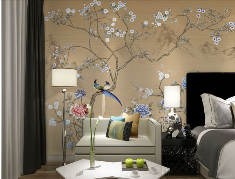 Chinoiserie Cherry Blossom Wallpaper: Bird & Floral Wall Mural - Etsy ...