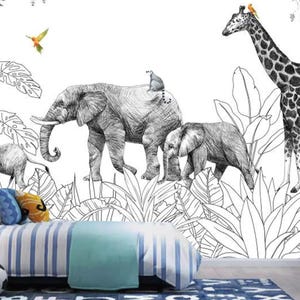Mural de papel tapiz de animales de la selva de dibujos animados: decoración infantil para habitación infantil