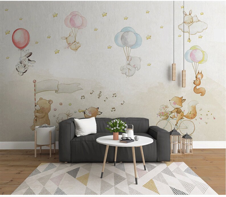 Watercolor Cartoon Animals Nursery Wallpaper Handpainted - Etsy