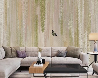 Tropical Branches Butterflies Hanging Plants Leaves Wallpaper Wall Mural Wall Decor