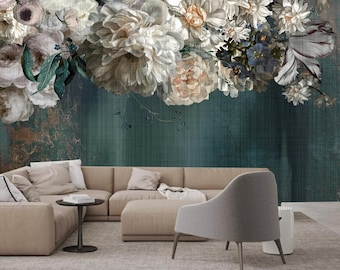 Mural de pared con flores colgantes sobre fondo abstracto turquesa, papel tapiz floral, decoración del hogar