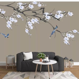 Chinoiserie Magnolia Tree Wallpaper: Blue Bird Wall Mural