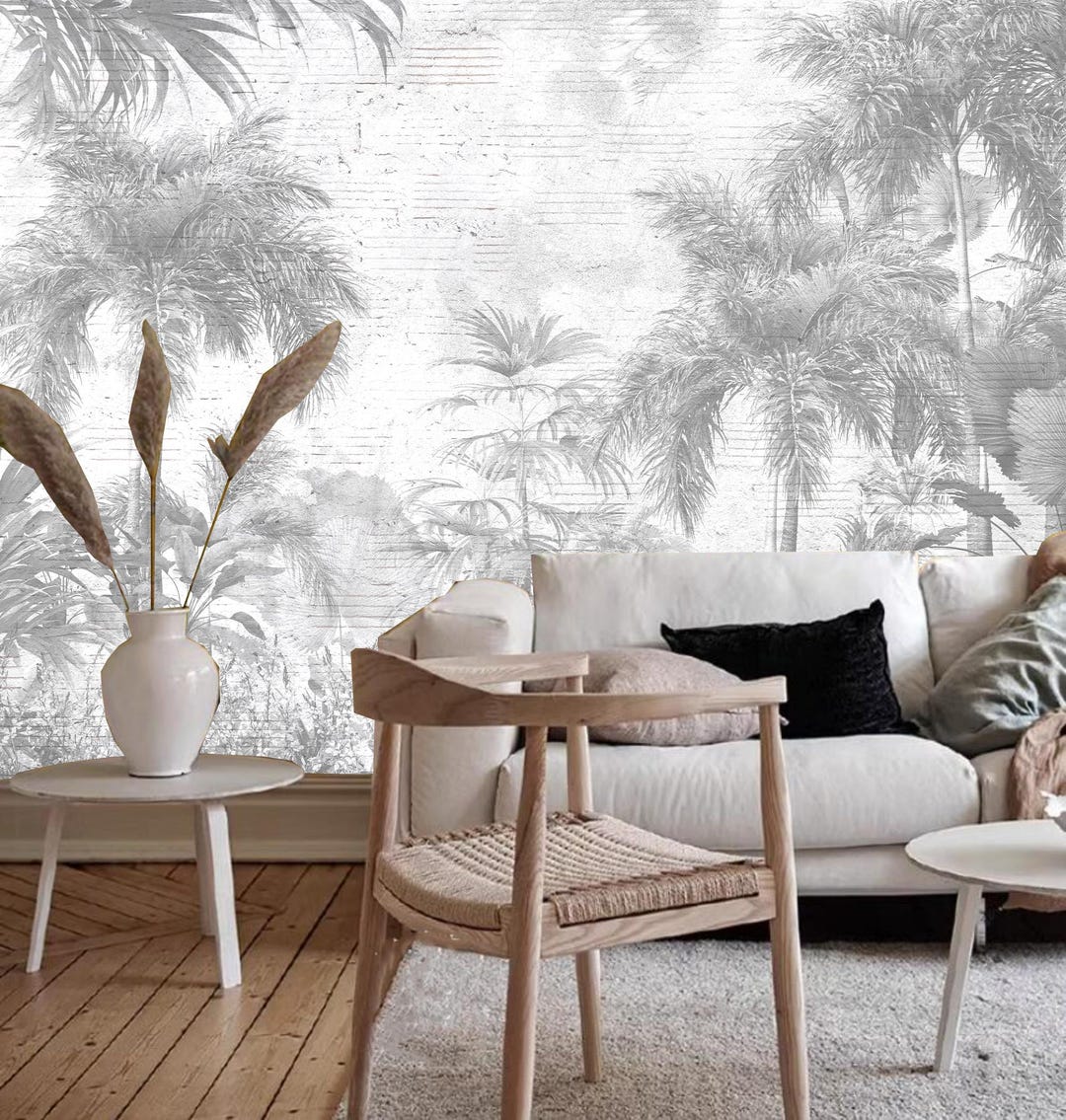 Tropical Rainforest Grey Palm Trees Forest Brick Background Wallpaper