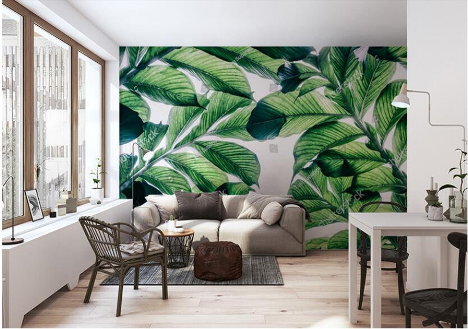 Handpainted Banana Leaves Wallpaper Wall Mural Dark Green Etsy