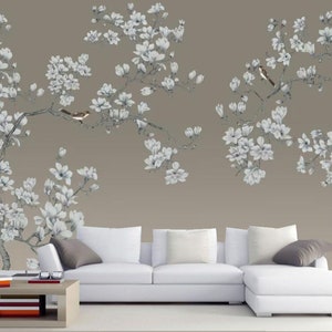Chinoiserie Hanging Magnolia White Flowers with Flying Birds Wallpaper Home Decor Wall Mural for Living Room Bedroom or Dinning Room