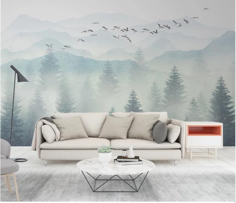 Misty Forest Wall Mural Palm Tree Forests Mountains Mural Etsy