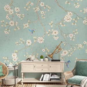 Chinoiserie Brushwork Green Background Vine Flowers Peony with Birds Wallpaper Home Decor Wall Murals