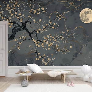 Chinoiserie Plum Blossom Branch Wallpaper Mural with Golden Brushwork