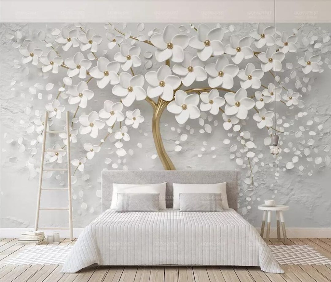 3D Embossed White Flowers Tree Wallpaper Wall Mural Creative Unique