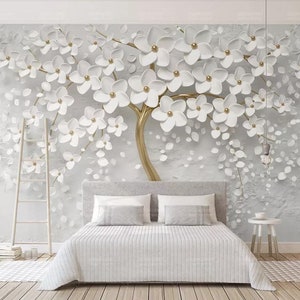 3D Embossed White Flowers Tree Wallpaper Wall Mural Creative Unique Embossed 3D effect Flowers Tree Wall Mural