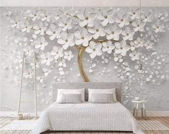 3D Embossed White Flowers Tree Wallpaper Wall Mural Creative Unique Embossed 3D effect Flowers Tree Wall Mural