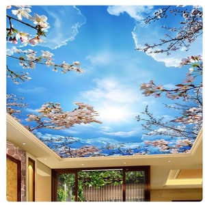 Blue Sky White Clouds Cherry Blossoms Ceiling Living Room Theme Hotel Wallpaper Wall Mural