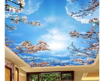 Blue Sky White Clouds Cherry Blossoms Ceiling Living Room Theme Hotel Wallpaper Wall Mural