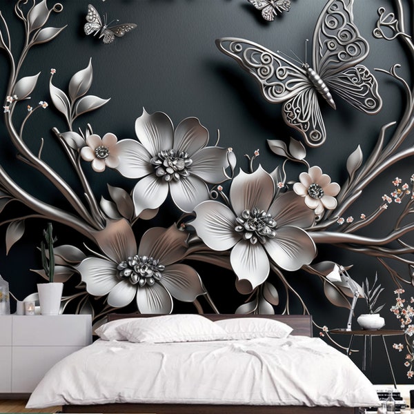 3D Dark Background Silver Flowers and Butterflies Wallpaper Wall Mural Wall Decor for Living Room Bedroom Dinning Room