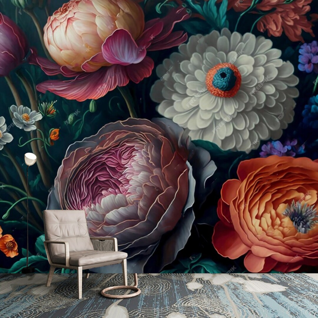 Dark Floral Peony Wallpaper Mural: Living Room Wall Decor - Etsy