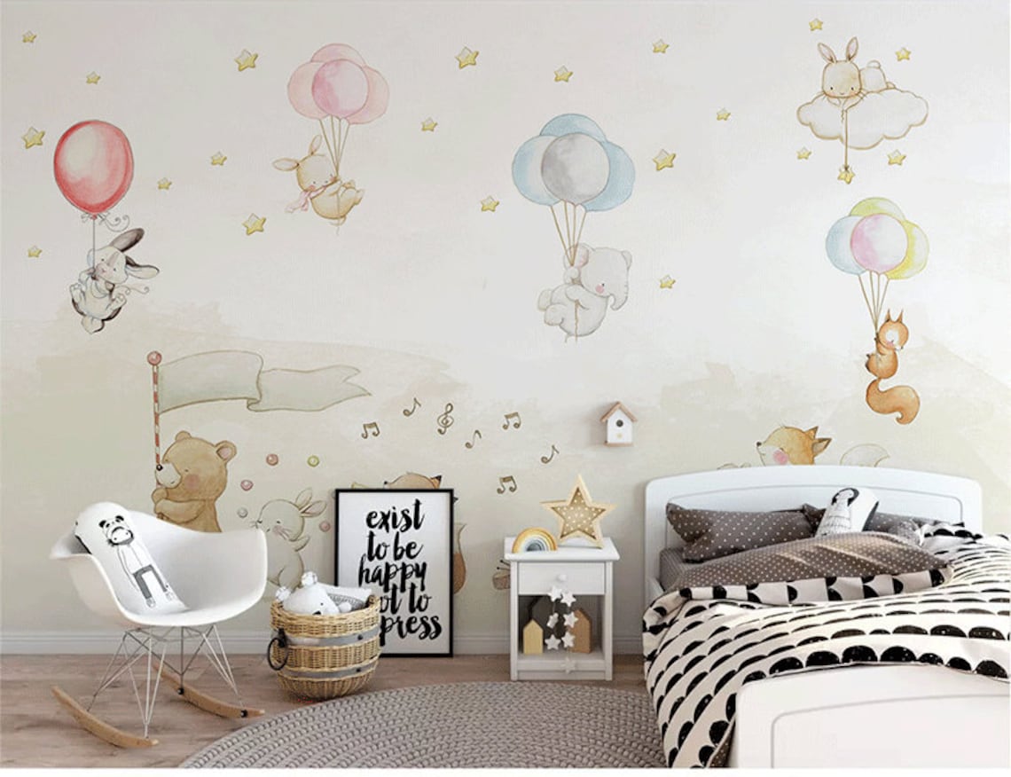 Watercolor Cartoon Animals Nursery Wallpaper Handpainted - Etsy
