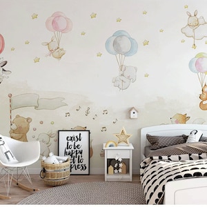 Papel pintado de guardería de animales de dibujos animados de acuarela, globo aerostático colorido pintado a mano, ardilla, conejos, habitación de bebé, murales de pared para habitación de niños