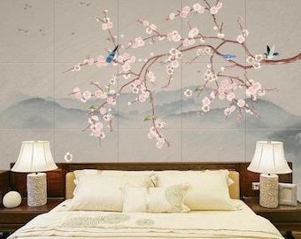 Chinoiserie Hanging Plum Tree Wallpaper, Flying Birds Home Decor Wall Murals, Vivid Bird and Pink Flowers Wall Murals Wall Decor