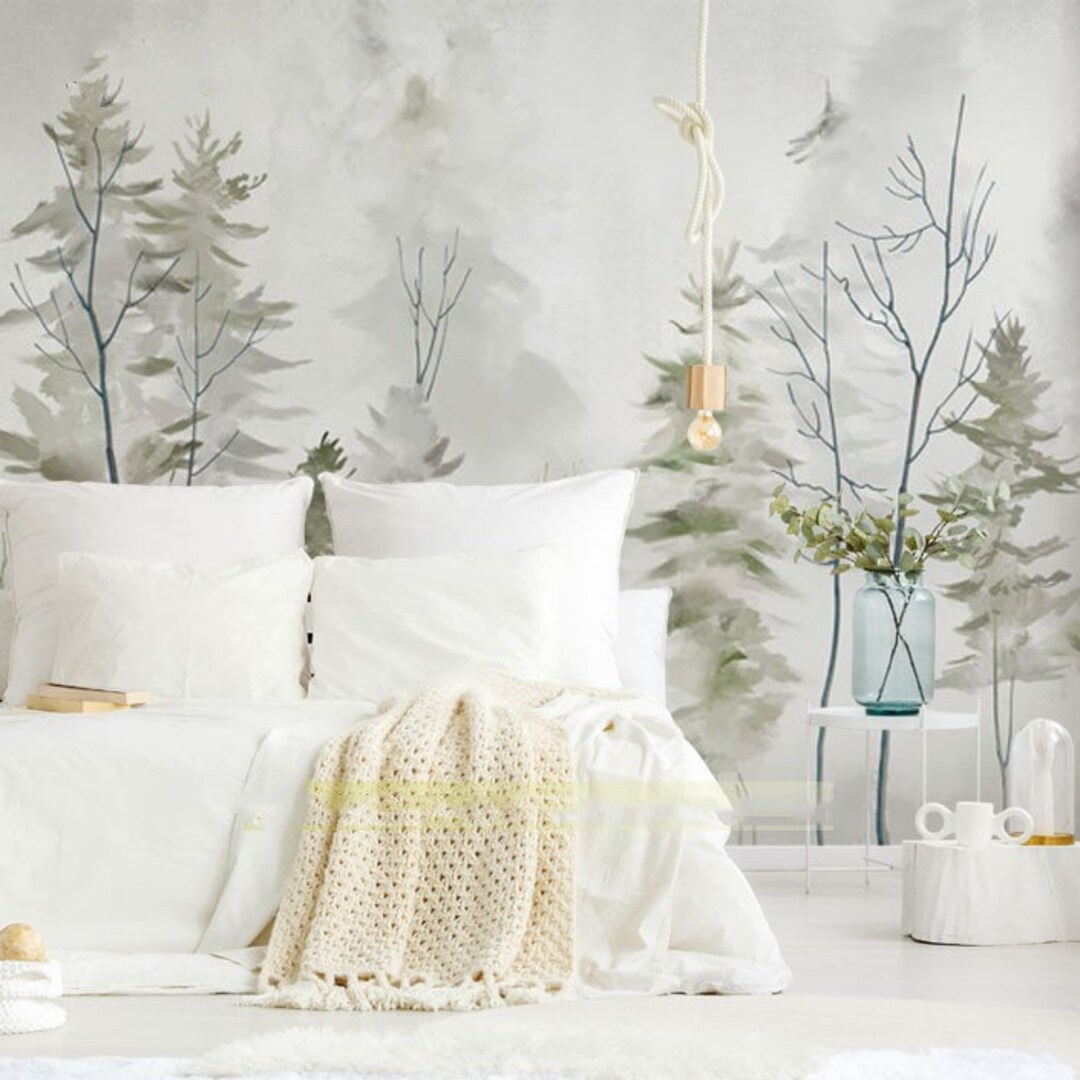 Green and Grey Trees Forest Wallpaper Wall Mural Home Decor Etsy