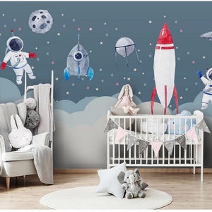 Sfondo blu Universo Nuvole bianche Carta da parati cameretta dei bambini, razzi e astronauti Spazio Camera dei bambini Fotomurali per camerette Decorazione murale