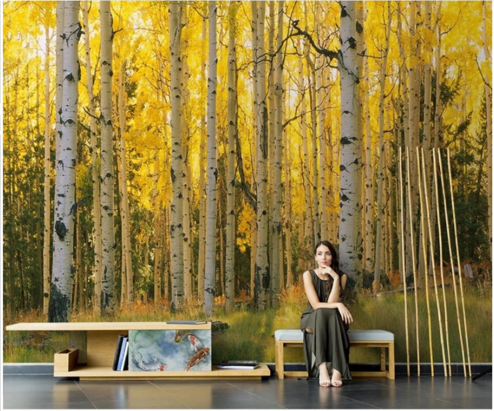 Oil Painting Effect Autumn Birches Trees Wallpaper Wall Mural - Etsy