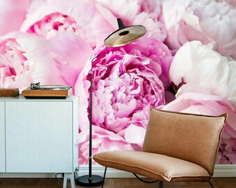 Behang muurschildering roze pioenroos: muurdecoratie woonkamer