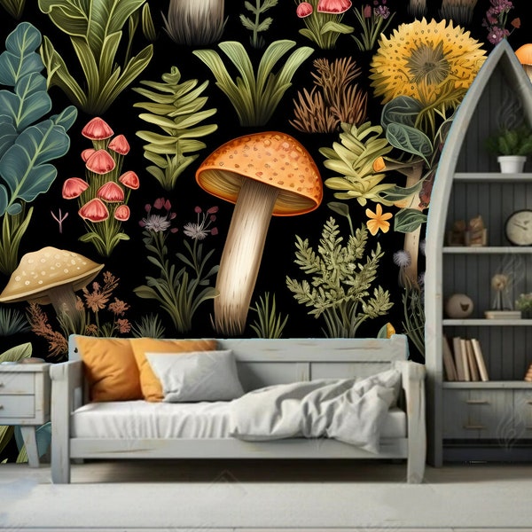 Cartoon Mushroom Background Nursery Kids Babie's Room Wallpaper Wall Mural Home Decor