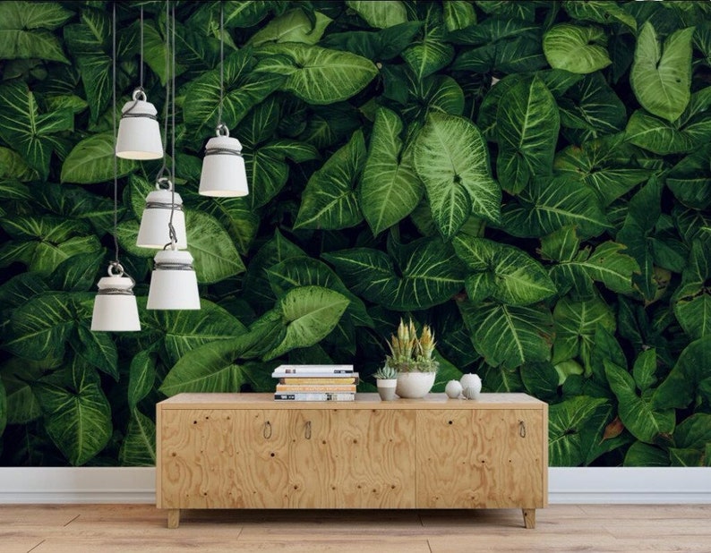 Tropical Green Leaves Wallpaper Wall Mural Fresh Green Leaves Etsy