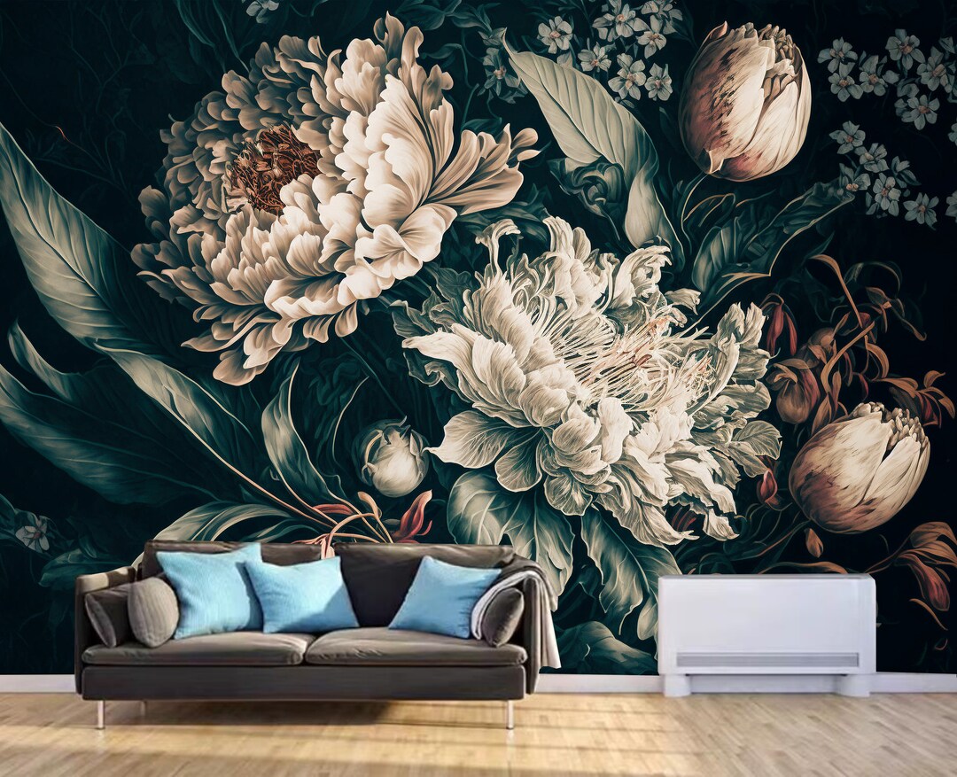 Dark Floral Peony Wallpaper Mural: Bedroom Living Room Wall Decor - Etsy