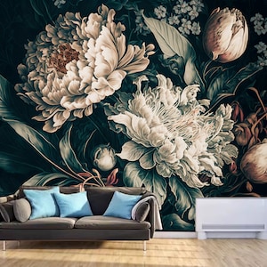 Mural de papel pintado con peonías florales oscuras: decoración de pared para dormitorio y sala de estar
