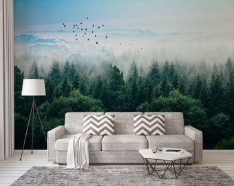 Foggy Trees Forest Mural Wallpaper, Mist Pine Trees Forest and Flying Birds Landscape Wall Murals Wall Decor